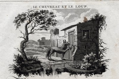 Das Zicklein und der Wolf. Fabel von Äsop. (Griechischer Schriftsteller Äsop oder Ecopus, 6. Jahrhundert v. Chr.) Geschrieben von Guillaume Montfort und graviert von Beauble im Jahr 1801. von French School