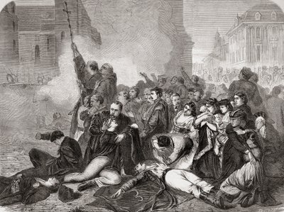 Das Massaker an Zivilisten auf dem Schlossplatz in Warschau am 8. April 1861 durch russische Infanterie und Kavallerie, aus "L