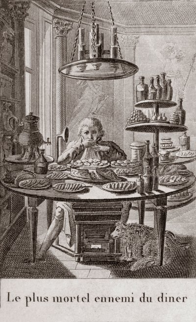 Der tödlichste Feind des Abendessens - Gravur in „Almanach der Feinschmecker, als Leitfaden für die Zubereitung exzellenter Gerichte. Von einem alten Amateur“ von Alexandre Balthazar Laurent Grimod de la Reyniere - 1804-1812 von French School