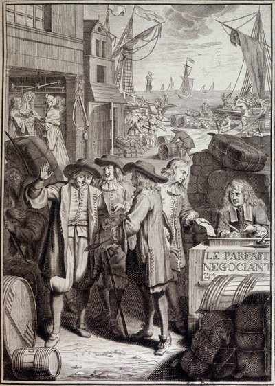 Die perfekte Verhandlung (Abschluss eines Marsches in einem Hafen im 18. Jahrhundert) - Frontispiz eines Werkes von Jacques Savary von French School