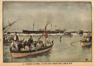 Die Pilgerfahrt der Männer ins Heilige Land von Jaffa (Israel). Gravur in "Le Pèlerin" 8/09/1901. Sammlung Selva von French School