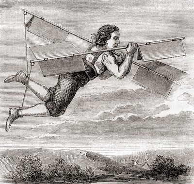Der angebliche Flug des französischen Schlossers Jacob Besnier mit Hilfe eines selbst entworfenen Flugapparats im Jahr 1678, aus 
