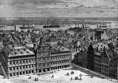 Der Fluss Schelde vom Hafen von Antwerpen, Belgien, aus gesehen. Gravur in „Le Journal de la jeunesse“ von French School