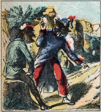 Der kranke Löwe und der Fuchs. Fabeln von Jean de La Fontaine (1621-95). Epinal-Bild vom Ende des 19. Jahrhunderts von French School
