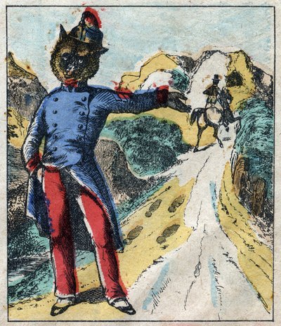 Der kranke Löwe und der Fuchs. Fabeln von Jean de La Fontaine (1621-95). Epinal-Bild vom Ende des 19. Jahrhunderts von French School