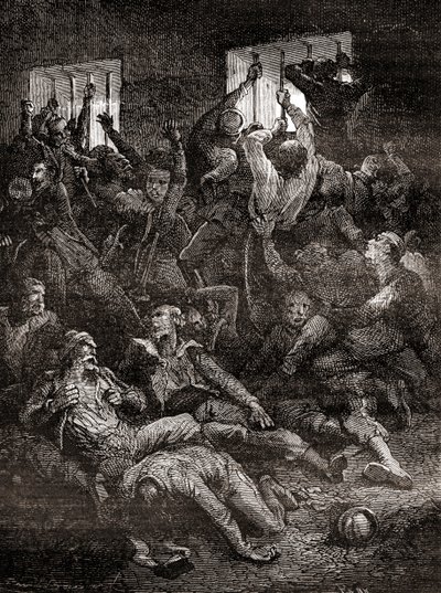 Das Leiden und der Tod aufgrund schlechter Belüftung englischer Gefangener im Schwarzen Loch von Kalkutta, einem kleinen Kerker im alten Fort William in Kalkutta, Indien, wo Truppen des Nawab von Bengalen, Siraj ud-Daulah, britische Kriegsgefangene nach de von French School