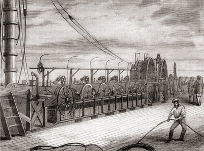 Das Abwickeln des transatlantischen Telegraphenkabels an Bord der S.S. Great Eastern von French School