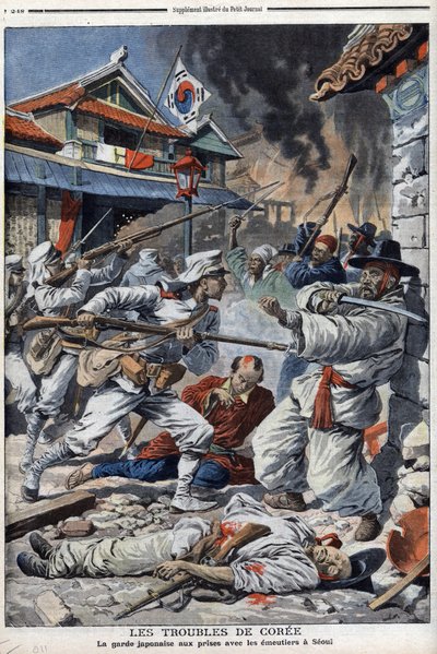 Die Unruhen in Korea, die japanische Wache kämpft mit den Aufständischen in Seoul, unzufrieden mit der Abdankung von Yi-Yeung - „Le Petit Journal“ vom 4. August von French School