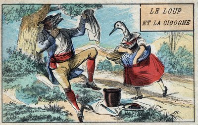 Der Wolf und der Storch. Fabeln von Jean de La Fontaine (1621-95). Epinal-Bild Ende des 19. Jahrhunderts. von French School