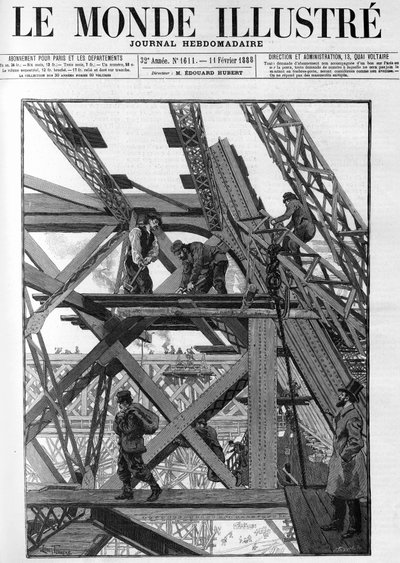 Die Arbeiten am Eiffelturm für die Weltausstellung 1889, die Arbeiter sind fünfzig Meter über dem Boden. In „Die illustrierte Welt“ von 1888 von French School
