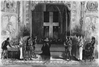 Theateraufführung: Szene der Särge in „Lucrece Borgia“ von Victor Hugo (1802-1885). Paris, Théâtre de la Porte Saint-Martin von French School