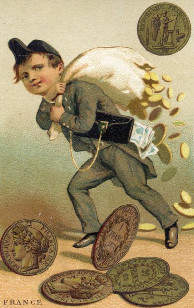 Dieb, der mit einem Sack französischer Francs und Banknoten entkommt, aus einer Serie von Werbekarten über Währungen in verschiedenen Ländern, veröffentlicht in Paris von Baster & Vieillemard für den Schokoladenhersteller von French School