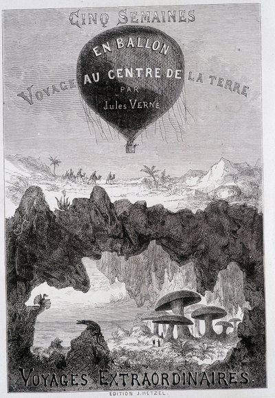 Titelseite: „Fünf Wochen im Ballon“ und „Reise zum Mittelpunkt der Erde“ von Jules Verne, sd. Ausgaben Hetzel unter dem allgemeinen Namen „Les Voyages Extraordinaires“ von French School