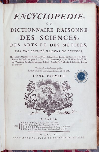 Titelseite der Enzyklopädie von Denis Diderot, veröffentlicht in Paris 1751 von French School