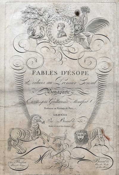 Titelseite von „Fabeln von Äsop“. (Griechischer Schriftsteller Äsop, 6. Jahrhundert v. Chr.) Gewidmet dem ersten Konsul Bonaparte, geschrieben von Guillaume Montfort und graviert von Beauble im Jahr 1801. von French School