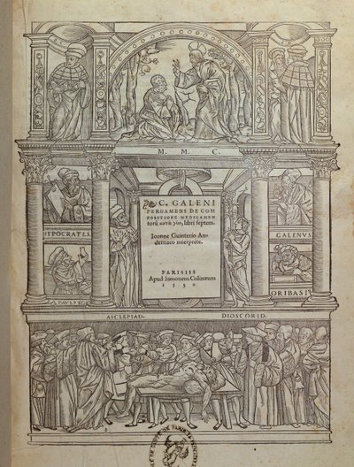 Titelseite eines Buches von Galen, veröffentlicht in Paris, 1530 von French School