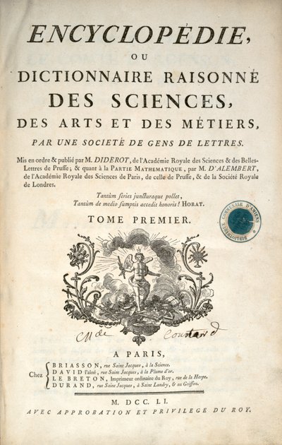 Titelseite des ersten Bandes der Enzyklopädie von Denis Diderot und Jean le Rond d