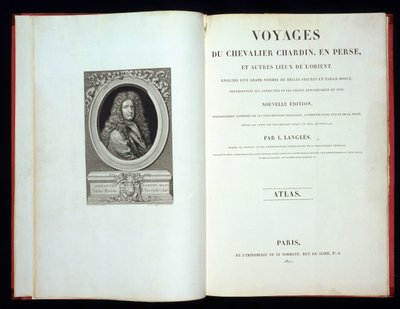 Titelseite und Frontispiz-Porträt aus Voyages du Chevalier Chardin en Perse, 1811 von French School