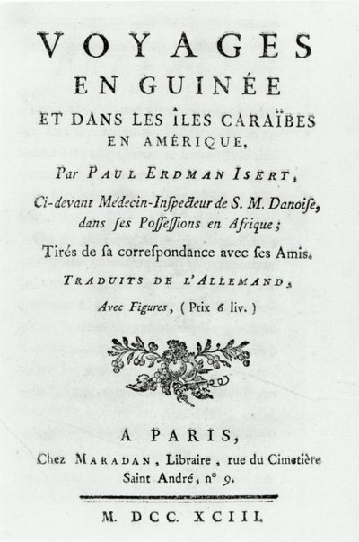 Titelseite für Voyages en Guinee et dans les Iles Caraibes en Amerique von Paul Erdman Isert, veröffentlicht 1743 von French School