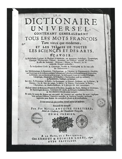 Titelseite des Dictionnaire Universel von Antoine Furetiere (1619-88) 1690 von French School