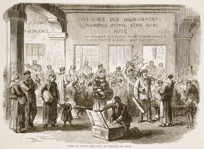 Rückgabe der verpfändeten Werkzeuge an die Arbeiter in Paris, Illustration aus Cassells Geschichte des Krieges zwischen Frankreich und Deutschland, 1870-1871 von French School