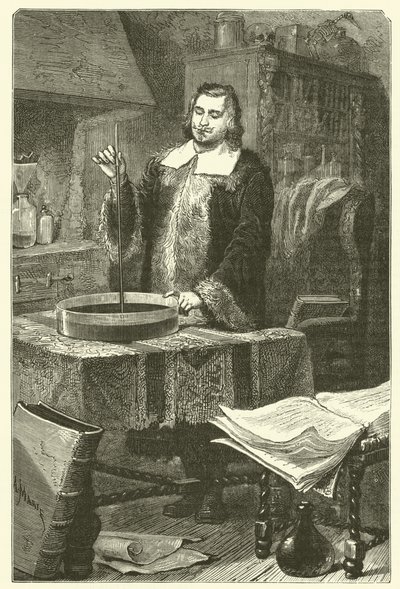 Torricelli erfindet das Barometer (Stich) von French School