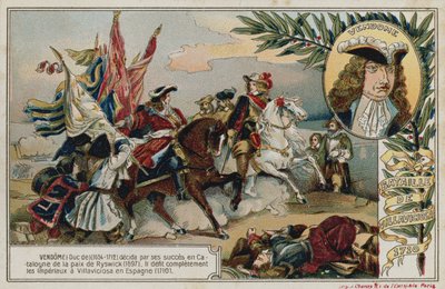 Handelskarte mit einem Bild, das die Schlacht von Villaviciosa darstellt von French School