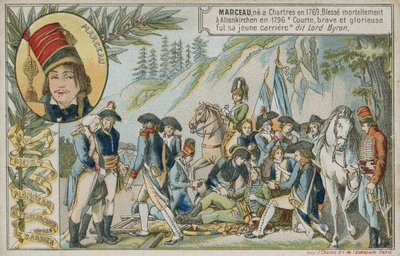 Handelskarte mit einem Bild, das den Tod des französischen Generals Marceau-Desgraviers darstellt von French School