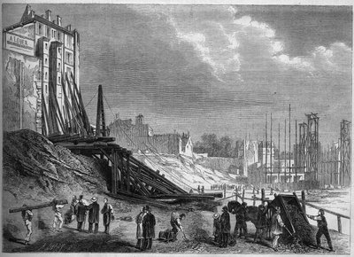 Transformationen von Paris unter dem Zweiten Kaiserreich, Haussmanns Paris: Ansicht der Abrisse am Standort des Square Montholon, Rue Lafayette. Gravur in „Le Monde Illustré“ Nr. 335 vom 12. September 1863. von French School