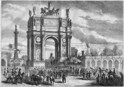 Transformationen von Paris unter dem Zweiten Kaiserreich, Haussmann Paris: Triumphbogen bei der Einweihung des Boulevard du Prince Eugene (heute Boulevard Voltaire) durch Napoleon III. Gravur in „Le Monde Illustré“ Nr. 296 vom 13. Dezember 1862 von French School