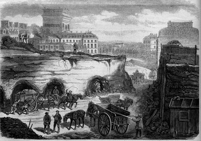 Transformationen von Paris unter dem Zweiten Kaiserreich, Haussmann Paris: Durchbruch des Boulevard du Roi de Rome (heute Avenue de Kleber). Gravur in „Le Monde Illustré“ Nr. 276 vom 26. Juli 1862 von French School