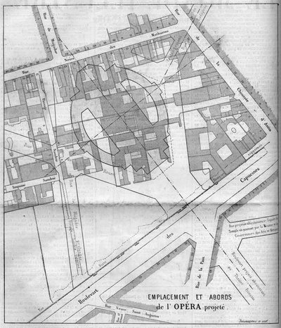 Transformationen von Paris unter dem Zweiten Kaiserreich, Haussmann Paris: geplanter Plan der Opéra Garnier in Paris im Jahr 1860. Gravur in „Le Monde Illustré“ Nr. 183 vom 13. Oktober 1860 von French School