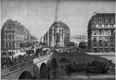 Transformationen von Paris unter dem Zweiten Kaiserreich, Haussmann Paris: Ansicht des Brunnens Saint Michel (1860) am Boulevard de Sebastopol. Gravur in „Le Monde Illustré“ Nr. 175 vom 18. August 1860. von French School