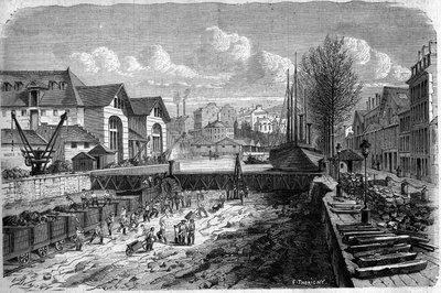 Transformationen von Paris unter dem Zweiten Kaiserreich, Haussmann Paris: Arbeiten zur Absenkung des Wasserspiegels des Canal Saint Martin. Gravur in „Le Monde Illustré“ Nr. 143 vom 7. Januar 1860 von French School