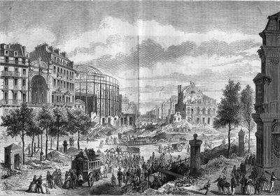 Transformationen von Paris unter dem Zweiten Kaiserreich, Paris Haussmann: Durchbruch des Boulevard du Prince Eugene (heutiger Boulevard Voltaire). Gravur in „Le Monde Illustré“ Nr. 284 vom 20. September 1862 von French School