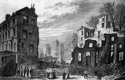 Transformationen von Paris unter dem Zweiten Kaiserreich, Paris Haussmann: Durchbruch des Boulevard Saint Germain, Blick von der Rue Saint Dominique. Gravur von 1870. von French School
