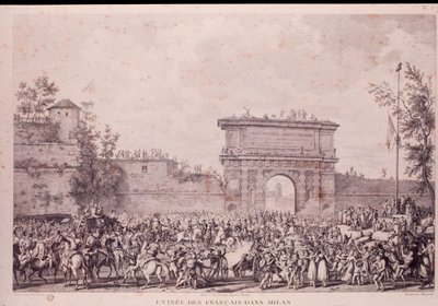 Triumphaler Einzug der französischen Truppen unter Napoleon Bonaparte in Mailand, 15. Mai von French School