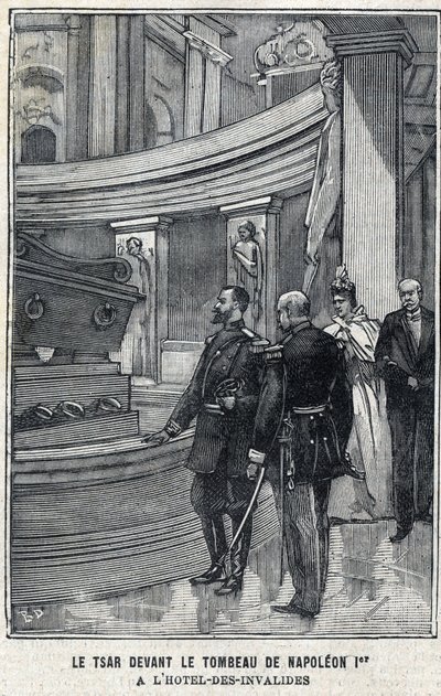 Zar Nikolaus II. von Russland und Zarin Alexandra Fjodorowna Romanowa vor dem Grab von Napoleon I. Bonaparte im Hôtel des Invalides in Paris, in "Le Petit Parisien" von French School
