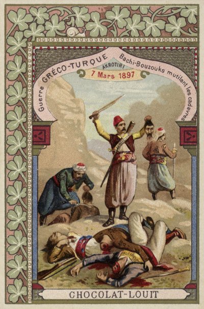 Türkische Baschi-Bosuks verstümmeln griechische Leichen, Akrotiri, Kreta, Griechisch-Türkischer Krieg, 7. März 1897 von French School