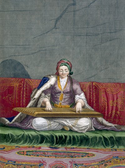 Türkisches Mädchen spielt ein Tasteninstrument, aus Collection of One Hundred Prints Representing the Different Nations of the Levant von Charles de Ferriol, graviert von Gerard Scotin (1671-1716) von French School