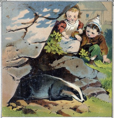 Zwei Kinder beobachten einen Dachs in seinem Bau. Chromolithographie aus „Kindheitsszenen“, ed. Guerin - Muller um 1885. von French School