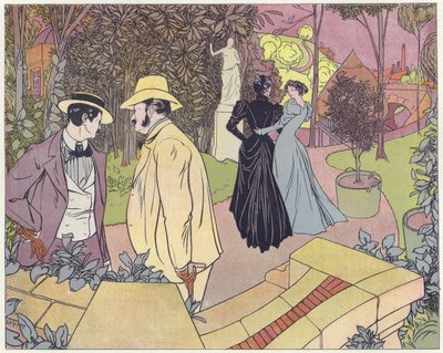 Zwei Männer stehen im Gespräch, während zwei Frauen im Garten spazieren von French School