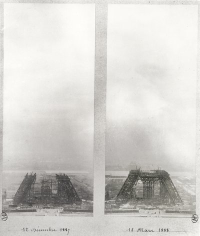 Zwei Ansichten des Baus des Eiffelturms, Paris, 12. Dezember 1887 und 15. März 1888 von French School