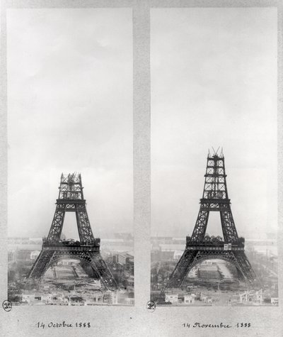 Zwei Ansichten des Baus des Eiffelturms, Paris, 14. Oktober und 14. November 1888 von French School