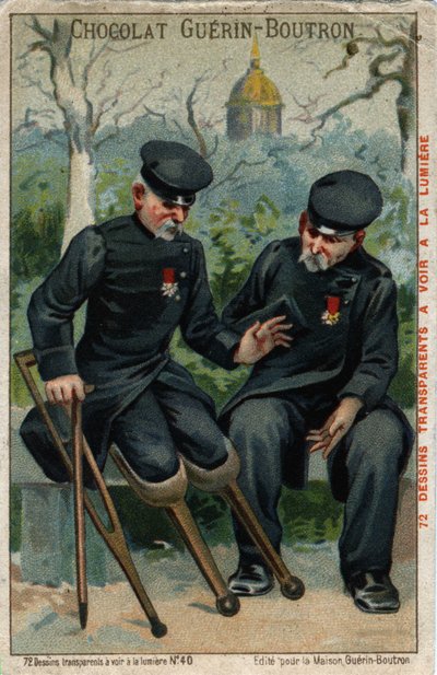 Zwei Kriegsinvaliden: ein Stumpf spricht mit einem Pinguin. Chromolithographie des 19. Jahrhunderts von French School