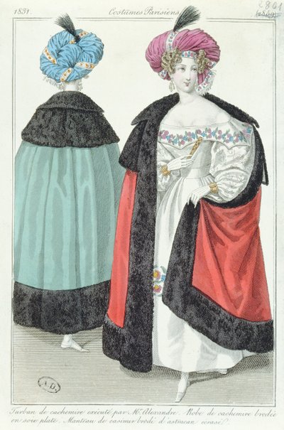 Zwei Frauen mit Turbanen, Kleidern und Mänteln aus Kaschmir, aus Costumes Parisiens, 1831 von French School