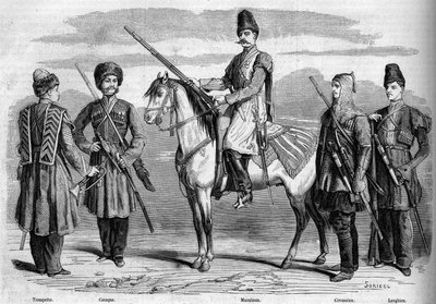 Typen und Uniformen der speziellen Eskorte des Kaisers von Russland. Von links nach rechts: Trompeter, Kosake, Muslim, Tscherkesse und Lesghian. Gravur in 