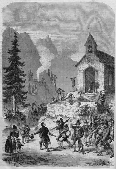 Tirol, Szene der Rückkehr der Tiroler Truppen der österreichischen Armee im Oktober 1866. Gravur. von French School