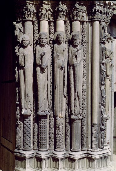 Unbekannte Figur, König Salomo, die Königin von Saba und König David, Gewändefiguren vom Königlichen Portal, 1140-55 von French School