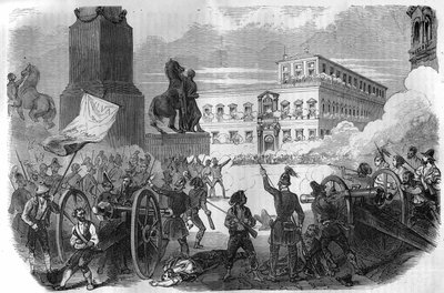 Aufstand in Bologna: Sturz der päpstlichen Regierung unter Gregor XVI., Papst von 1831 bis 1846. Gravur in „Histoire des Papes-Rois-Reines und Kaiser durch die Jahrhunderte“ von Maurice Lachatre von French School